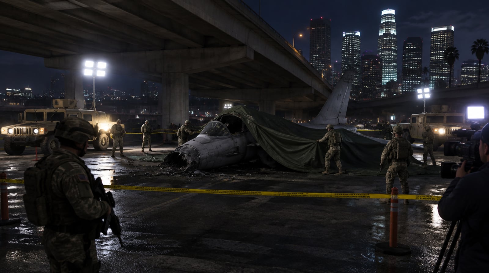 National Guard soldiers cordon off the jet wreck under the Mission Row overpass at night