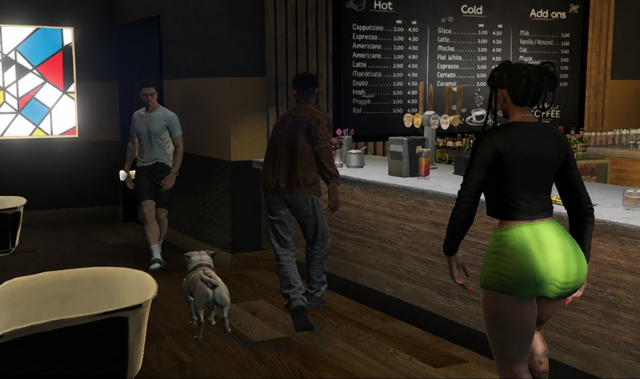 The dog owner moves towards the other man across the coffee shop as the pug follows