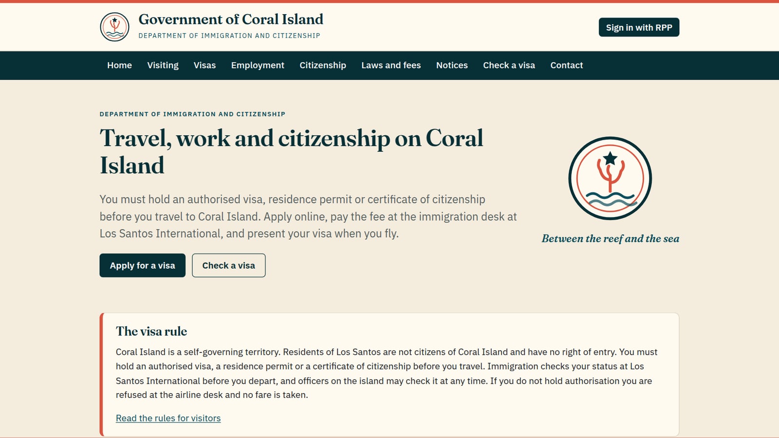 The Government of Coral Island's immigration website, saying visitors must hold a visa and present it when they fly from Los Santos International