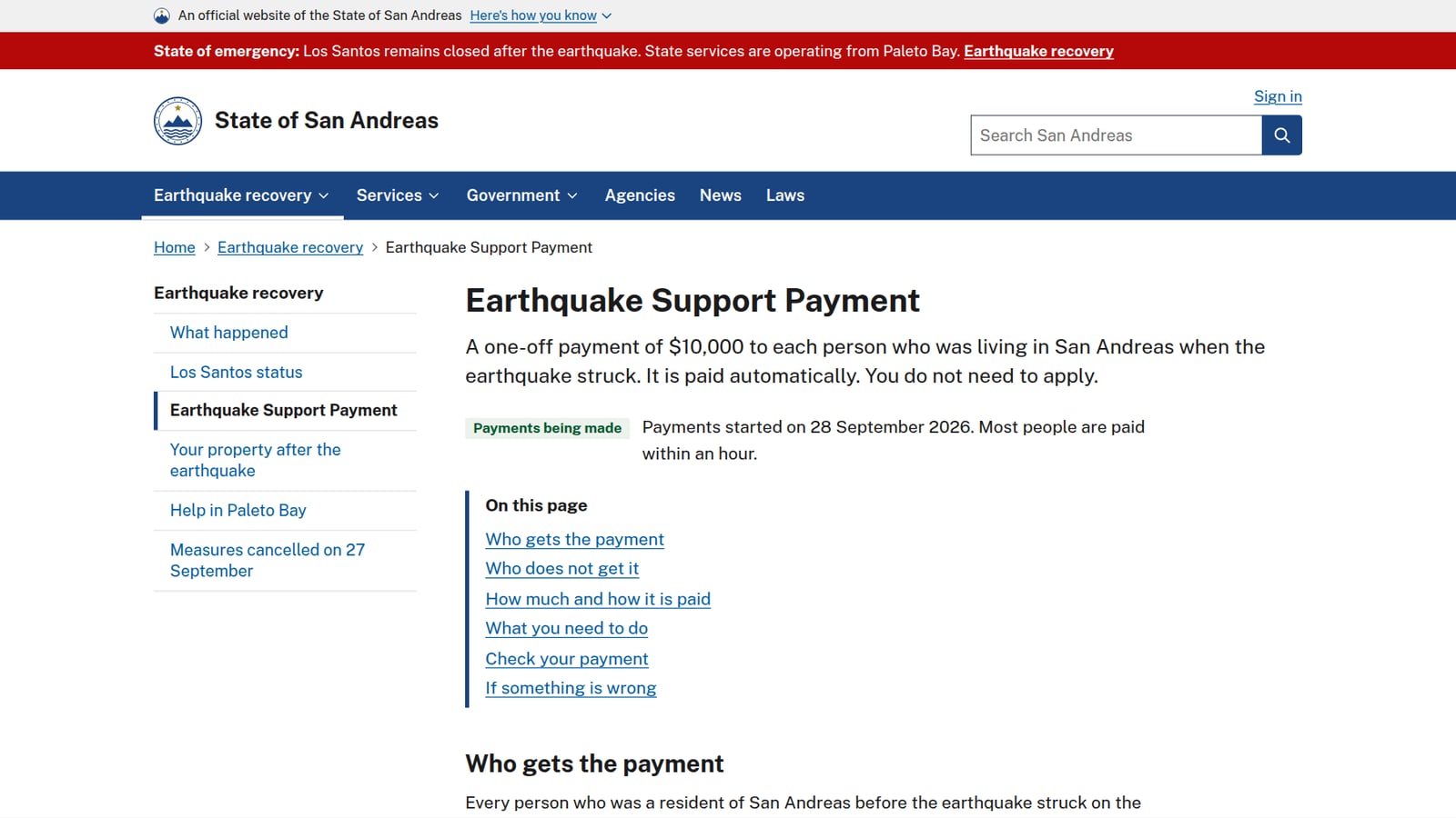 The State of San Andreas Earthquake Support Payment page, marked "Payments being made", saying payments started on 28 September 2026 and most people are paid within an hour