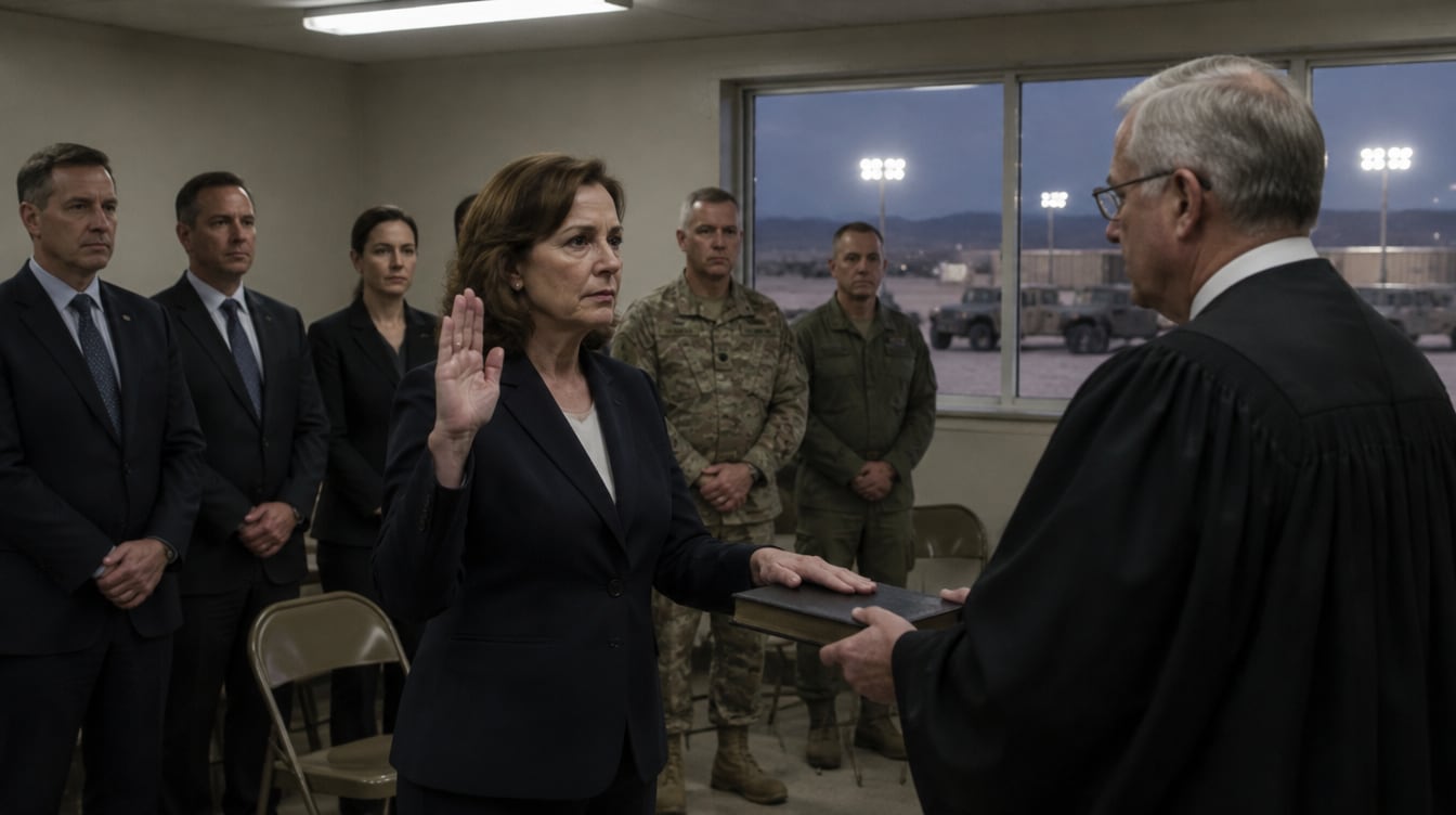 A woman in a dark suit raises her hand to take the oath before a judge in black robes, with officials and two military officers behind her, in a plain prefabricated room at night with floodlights and military vehicles outside the window
