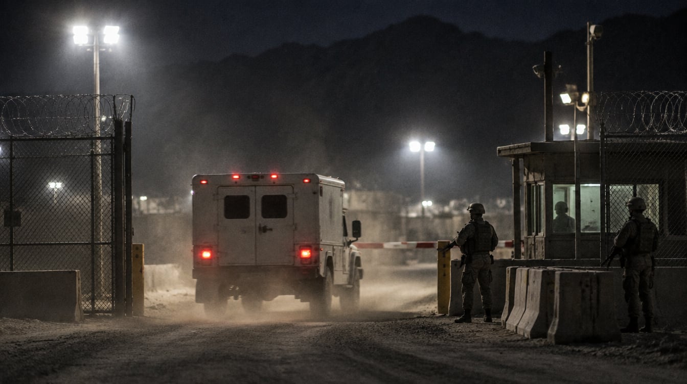 A white military ambulance drives through a floodlit desert base gate at night, past a guard booth and two military police officers