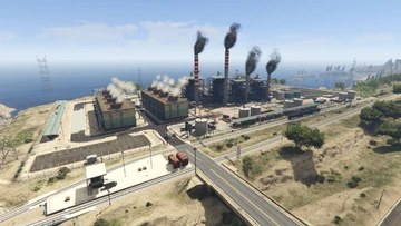 Palmer-Taylor Power Station on the coast, chimneys smoking as it runs again