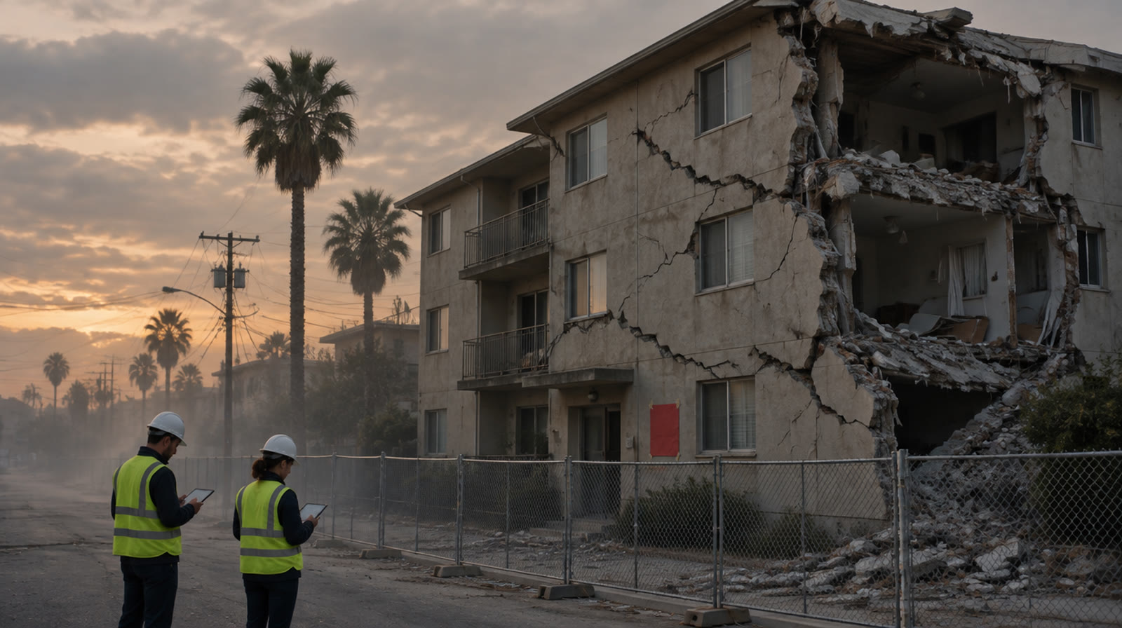 Cranes and work crews over the damaged streets of Los Santos