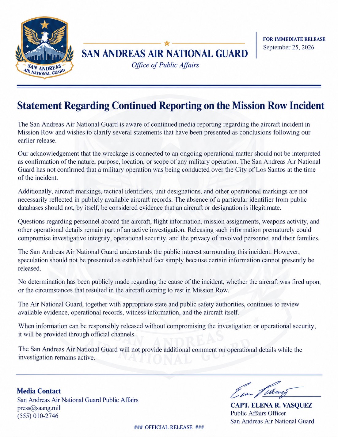 San Andreas Air National Guard press release: Statement Regarding Continued Reporting on the Mission Row Incident