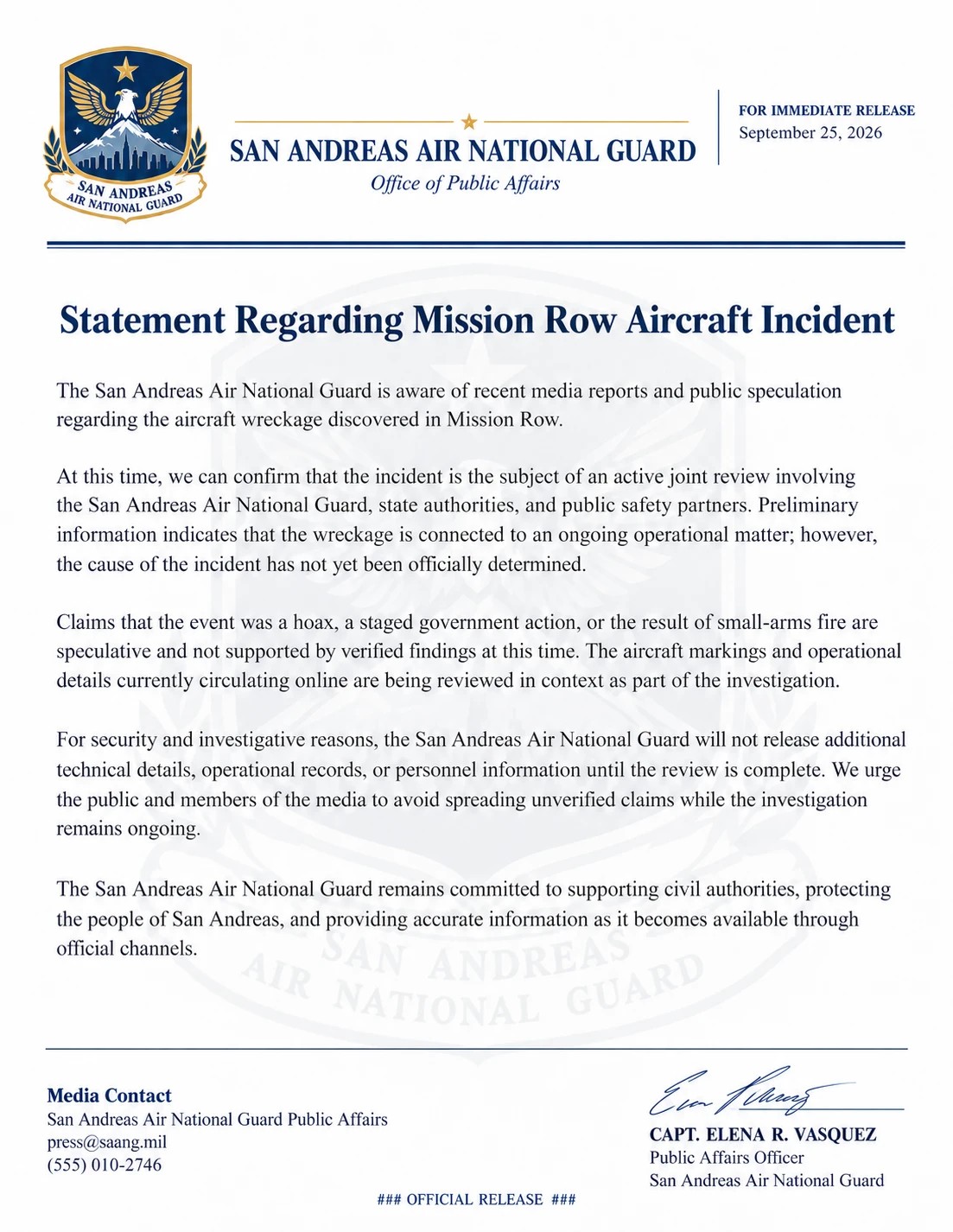 The San Andreas Air National Guard press release