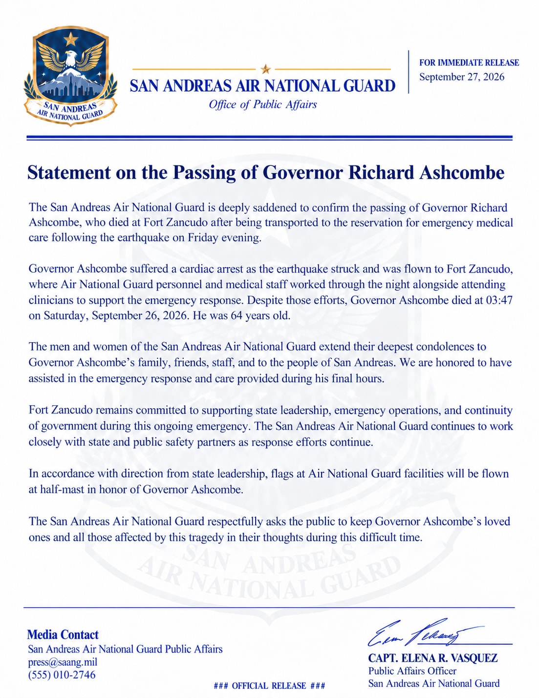 A one-page press release on San Andreas Air National Guard letterhead, with the Guard’s crest at the top, the headline “Statement on the Passing of Governor Richard Ashcombe”, the date September 27, 2026, and the signature of Capt. Elena R. Vasquez, Public Affairs Officer, at the foot