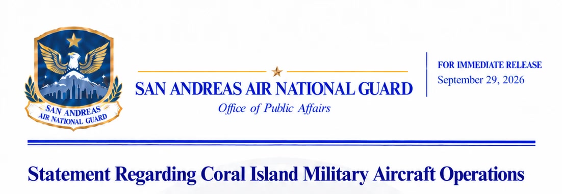 The letterhead of the San Andreas Air National Guard’s statement, with the Guard’s crest, the words “Office of Public Affairs” and “For Immediate Release”, the date September 29, 2026, and the title “Statement Regarding Coral Island Military Aircraft Operations”