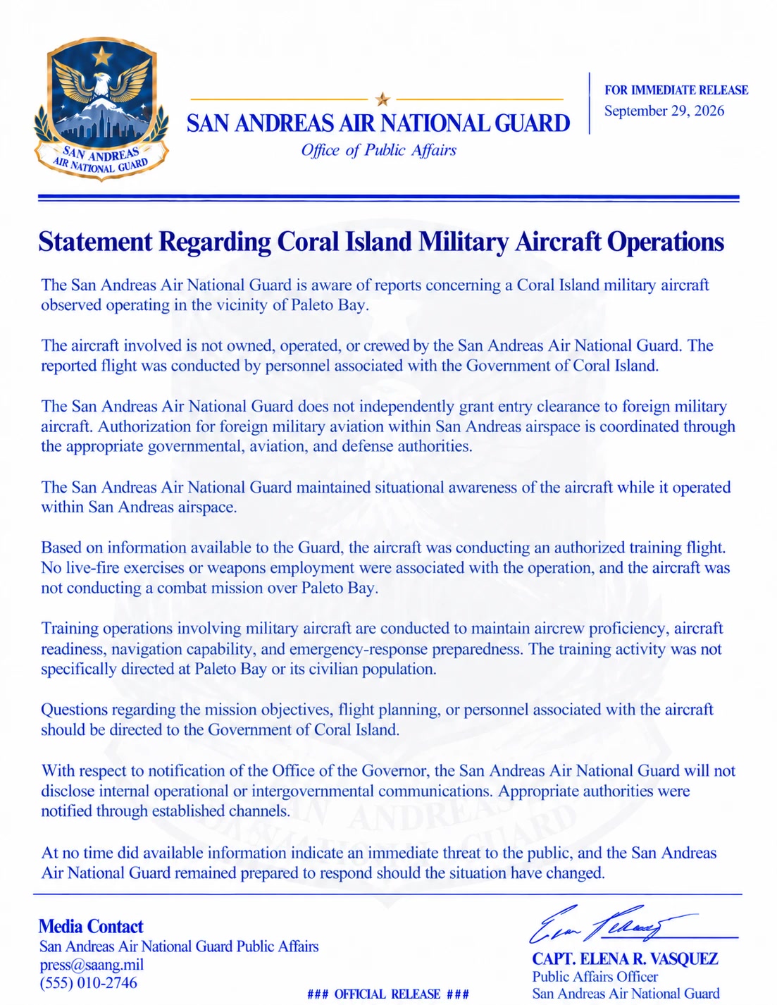A one-page press release on San Andreas Air National Guard letterhead, with the Guard’s crest at the top, the headline “Statement Regarding Coral Island Military Aircraft Operations”, the date September 29, 2026, nine short paragraphs of text, a media contact block and the signature of Capt. Elena R. Vasquez, Public Affairs Officer, at the foot
